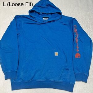 Carhartt Blue Hoodie with Red Logo, Large Loose Fit